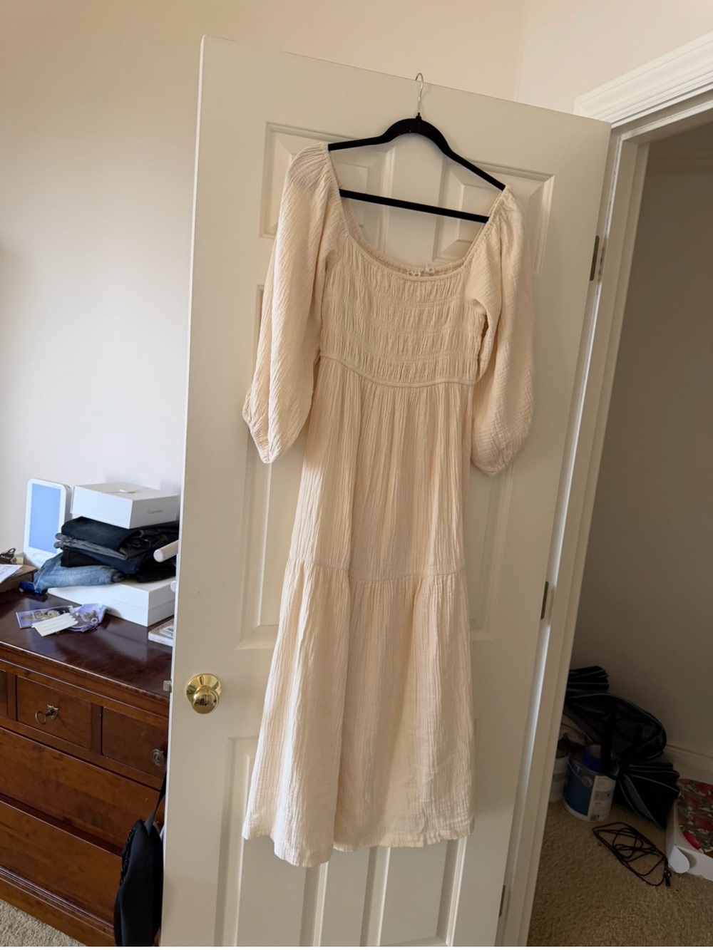 Roxy Cream Smocked Puff-Sleeve Midi Dress